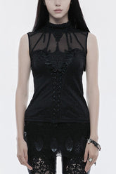 Black High Collar Sleeveless Stitching Lace Lace-Up Mesh Women's Gothic T-Shirt
